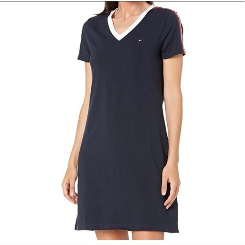 Tommy Hilfiger Navy V-Neck T-Shirt Dress w/Signature Shoulder Stripes LARGE